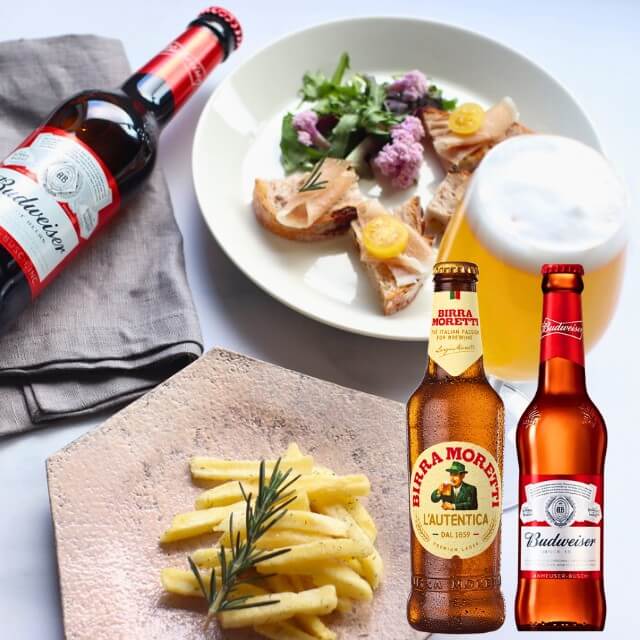 ビール 2本 おつまみ ギフト ローズマリー国産ポテト バドワイザー モレッティ 330 ml