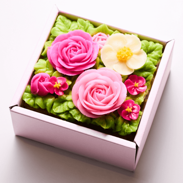 <ミニサイズ>食べられるお花のミニボックスフラワーケーキ【Peach Pink】